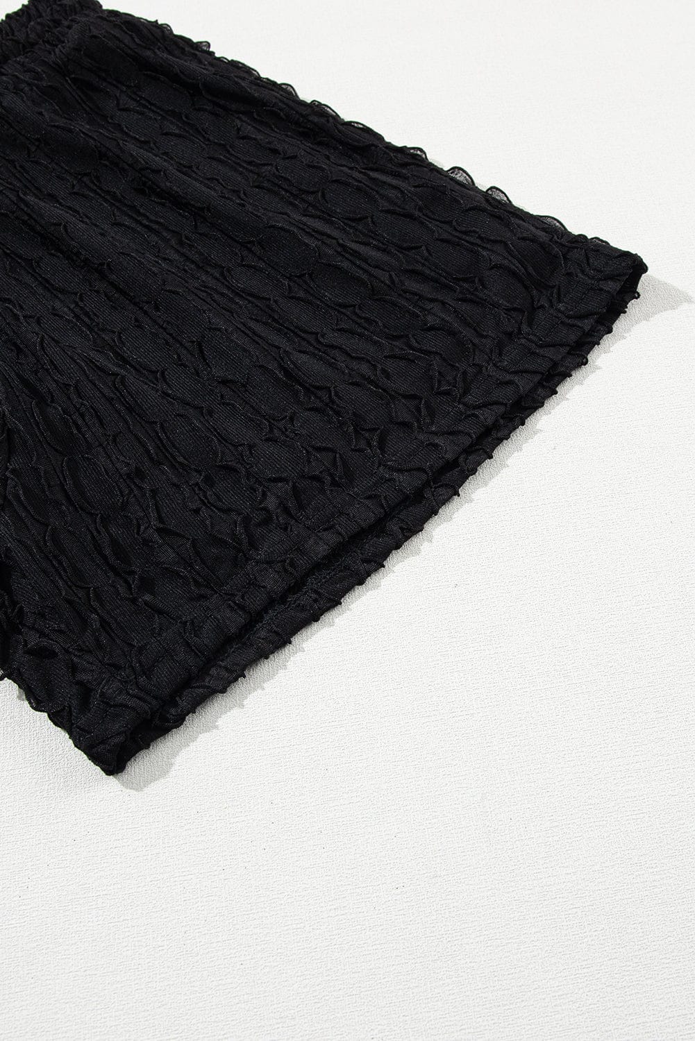 Frilled Black Textured Top with Matching Drawstring Shorts