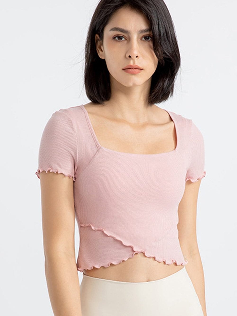 Frilly Trim Light Pink Crossed Hem Yoga Crop Top