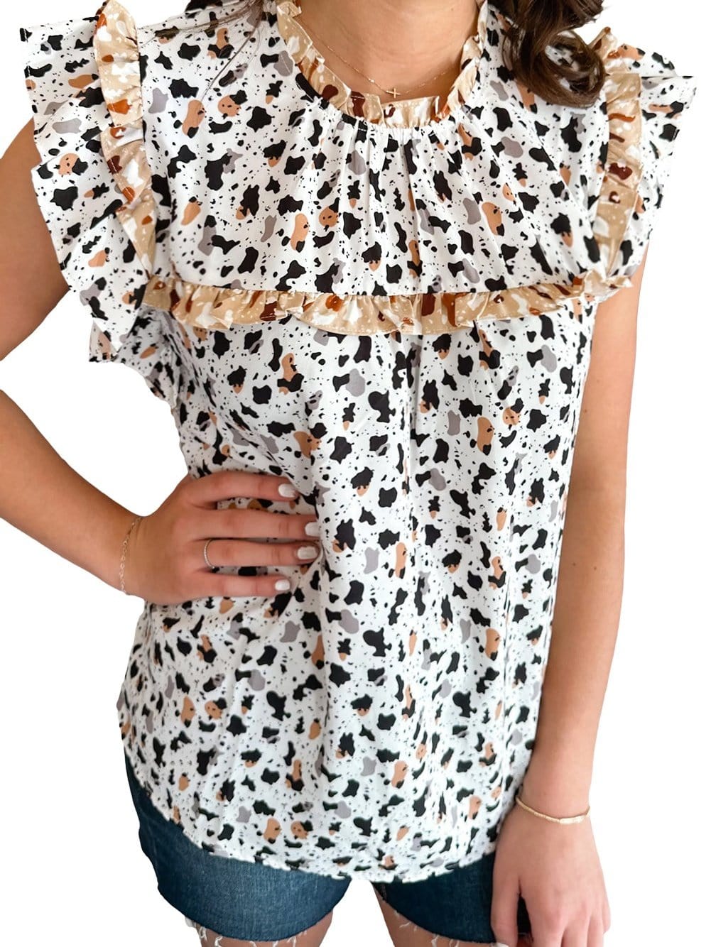 Frilly White Leopard Print Blouse with Ruffle Sleeves