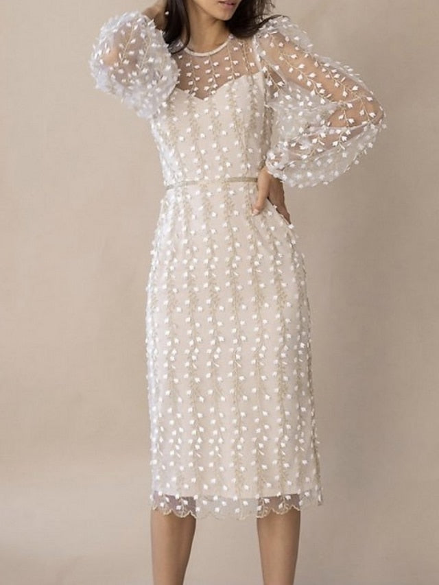 Women's Dress - Party Dress Lace Dress Sheath Dress Knee Length Dress White Long Sleeve Pure Color Lace Winter Fall Spring Crew Neck Elegant Winter Dress Birthday Wedding Guest 2023 S M L XL