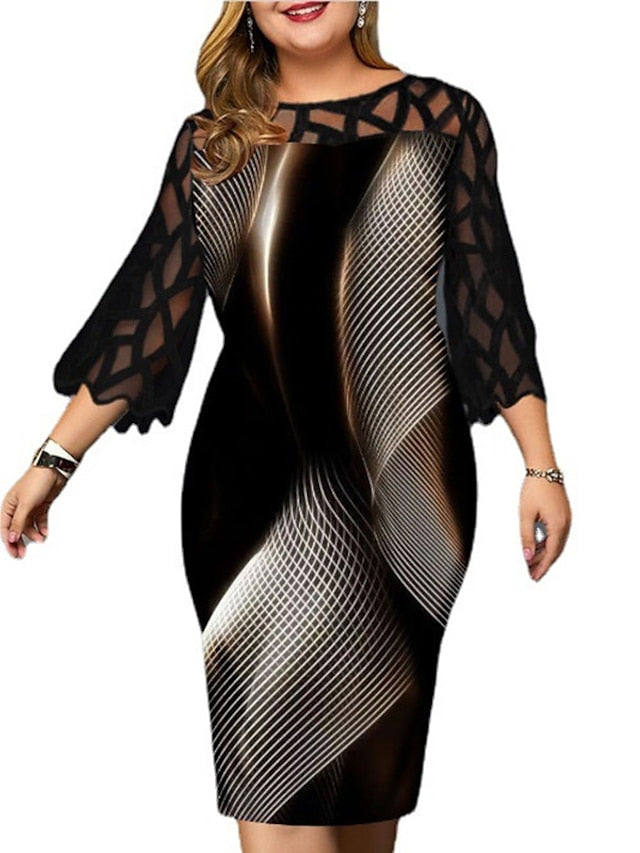 Women's Dress - Plus Size Party Dress Color Gradient Crew Neck Print 3/4 Length Sleeve Spring Fall Elegant Knee Length Dress Date Semi Formal Dress