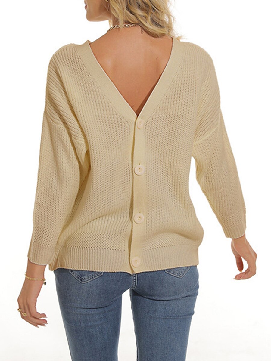 Women's Pullover Sweater Jumper Cardigan Sweater Crew Neck Ribbed Knit Acrylic Button Summer Spring Daily Going out Weekend Stylish Casual Soft Long Sleeve Solid Color Black White Pink S M L