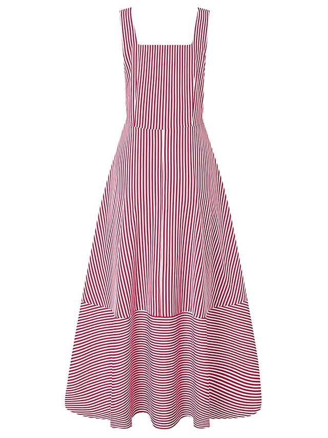 Women's Dress - Long Dress Maxi Dress Casual Dress Swing Dress A Line Dress Striped Basic Fashion Holiday Vacation Going out Ruffle Print Sleeveless Square Neck Dress Regular Fit Black Red Blue Spring Summer