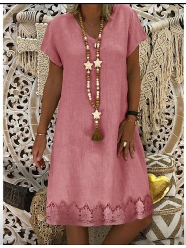 Women's Dress - Casual Dress Midi Dress Pink Short Sleeve Pure Color Print Spring Summer V Neck Casual Loose Fit 2023 S M L XL XXL XXXL