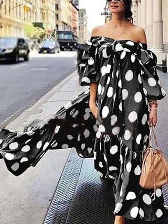 Women's Dress - Casual Dress Swing Dress Long Dress Maxi Dress Black Red Brown Sleeveless Polka Dot Print Fall Autumn Off Shoulder Loose Fit 2023 S M L XL XXL XXXL 4XL 5XL