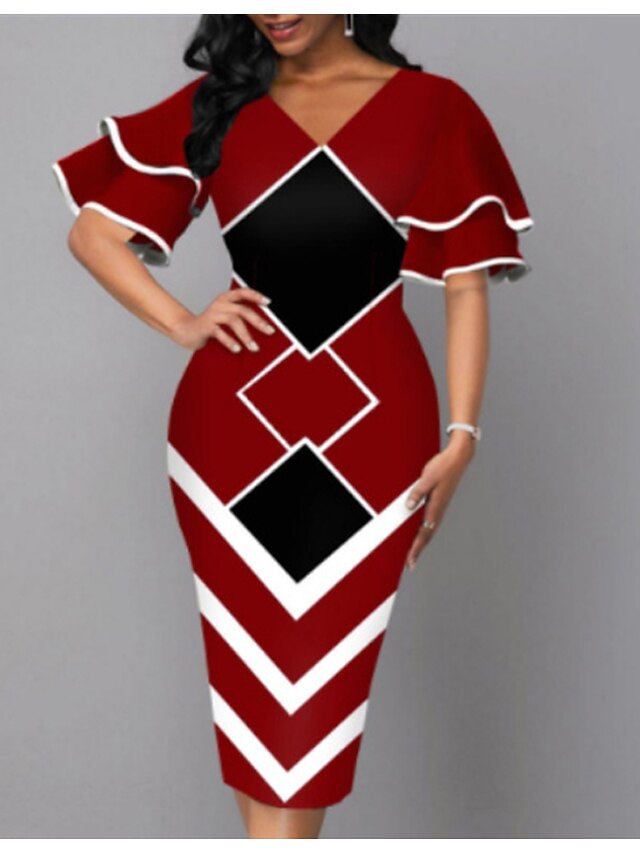 Women's Dress - Bodycon Sheath Dress Modern Dress Midi Dress Yellow Wine Royal Blue Half Sleeve Print Ruffle Summer Spring V Neck Stylish 2023 S M L XL XXL 3XL 4XL 5XL