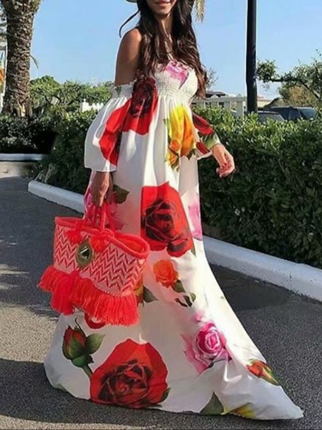 Women's Dress - Casual Dress Swing Dress Long Dress Maxi Dress Black White Short Sleeve Floral Patchwork Spring Summer Off Shoulder Slim S M L XL XXL