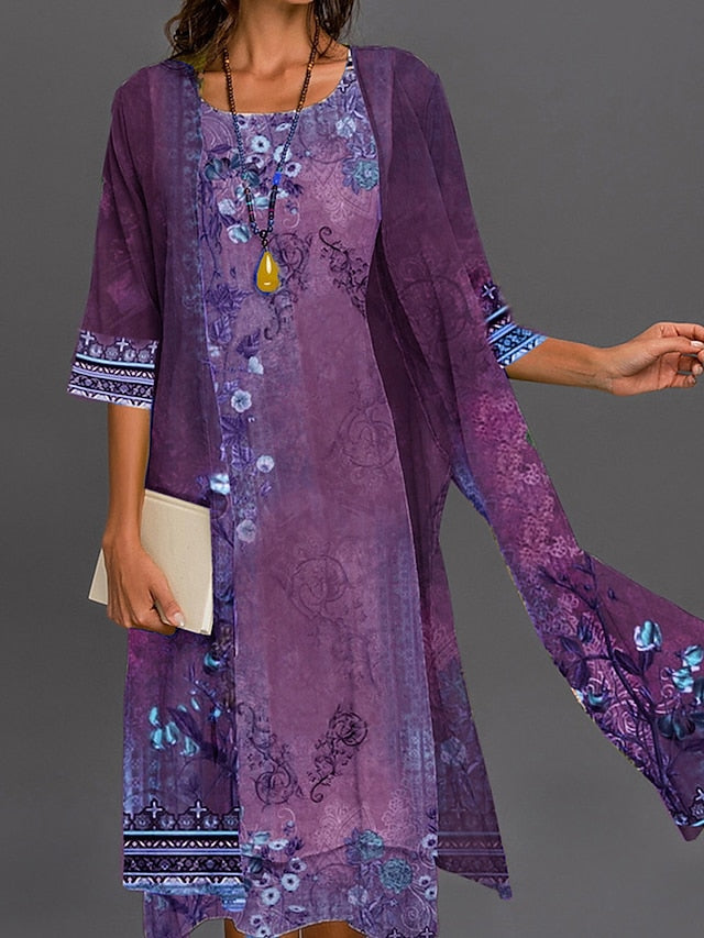 Women's Dress - Two Piece Dress Set Print Dress Outdoor Holiday Streetwear Casual Print Midi Dress Crew Neck 3/4 Length Sleeve Floral Regular Fit Blue Purple Green Summer Spring S M L XL XXL
