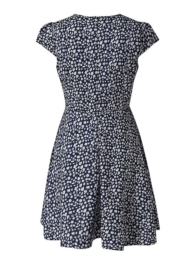 Women's Dress - Casual Dress Floral Dress Mini Dress Black Navy Blue Short Sleeve Floral Print Summer Spring V Neck Fashion Vacation 2023 S M L XL