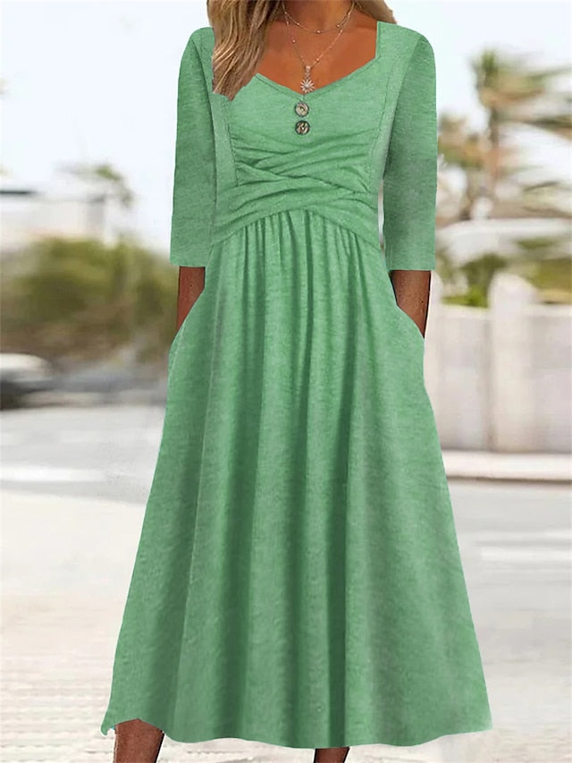 Women's Dress - Casual Dress Summer Dress Pleated Dress Plain Ruched Button V Neck Midi Dress Fashion Basic Outdoor Daily Half Sleeve Loose Fit Dark Green Green Summer Spring S M L XL XXL