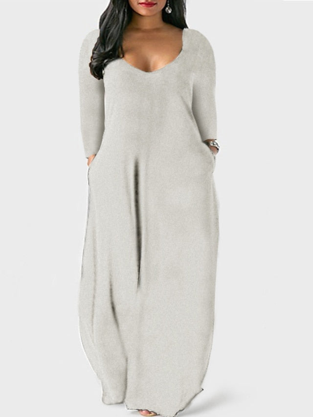 Women's Dress - Plus Size Shift Dress Solid Color Boat Neck Long Sleeve Spring Fall Basic Casual Maxi long Dress Daily Vacation Dress