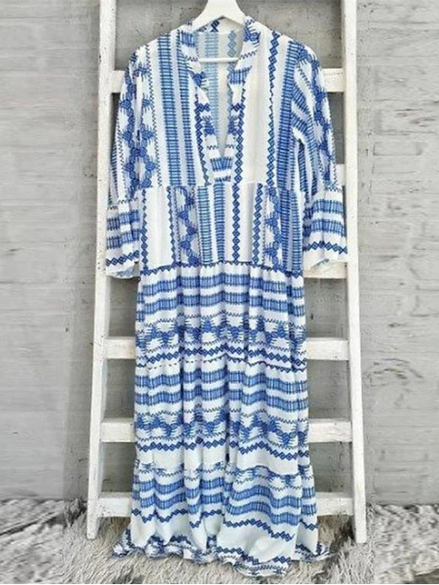 Women's Dress - Casual Dress Swing Dress Boho Dress Long Dress Maxi Dress Blue 3/4 Length Sleeve Geometric Patchwork Fall Autumn V Neck Loose Fit 2023 S M L XL XXL 3XL