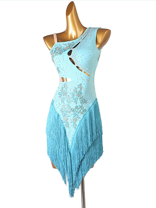 Latin Dance Dress Tassel Split Joint Crystals / Competition Dress Rhinestones Women's Performance Sleeveless Chinlon - LuckyFash™