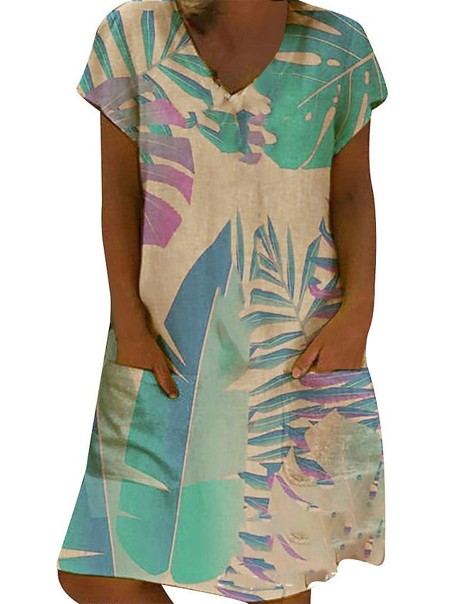 Women's Dress - Casual Dress Midi Dress Light Blue Pink Short Sleeve Print Pocket Spring Summer V Neck Casual Weekend Loose Fit 2023 S M L XL XXL XXXL 4XL 5XL