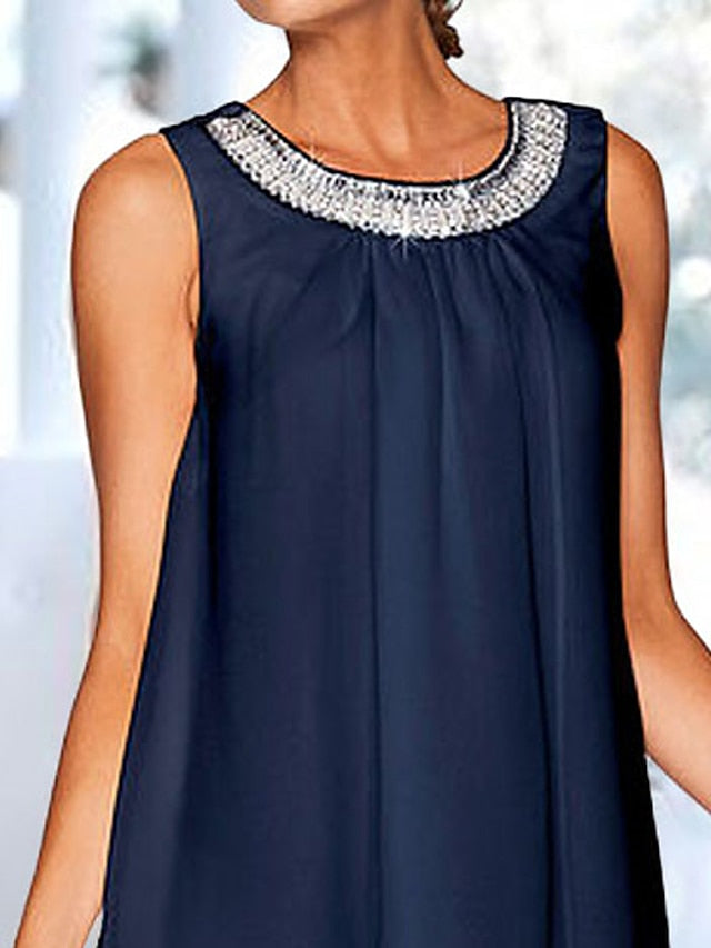 Women's Dress - Party Dress Cocktail Dress Shift Dress Office Holiday Wedding Guest Midi Dress Party Stylish Crew Neck Sleeveless Sequins Layered Dark Blue Pure Color S M L XL 2XL