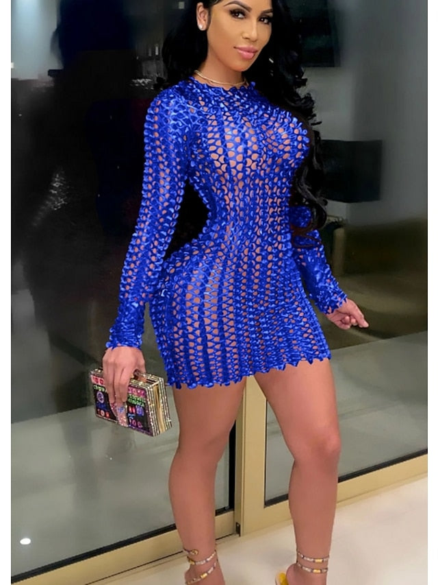 Women's Dress - Party Dress Holiday Dress Bodycon Mini Dress Silver Black Red Long Sleeve Pure Color Hollow Out Spring Fall Winter Crew Neck Fashion Winter Dress Fall Dress Spring Dress 2022 S M L XL XXL