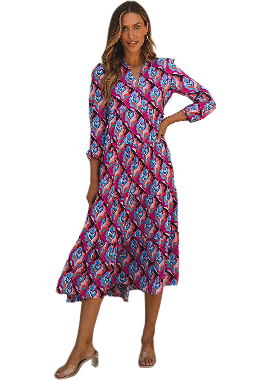Geometric Print Tiered Ruffle Midi Dress with Abstract Pattern