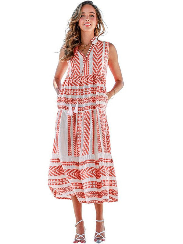 Geometric Print V-Neck Maxi Dress with Lace-Up Fringe Pockets