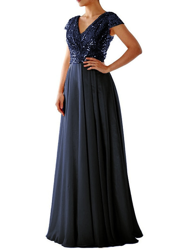 Women's Dress - Swing Dress Maxi long Dress Party Dress Light Blue Short Sleeve Pure Color V Neck Sequins Chiffon Evening Dress Ruched Patchwork Spring Summer Personalized Stylish Elegant Luxurious