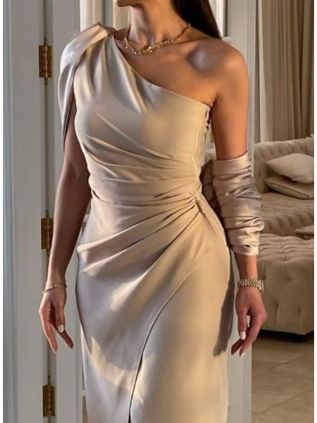 Women's Dress - Prom Dress Party Dress Satin Dress Long Dress Maxi Dress Khaki Sleeveless Pure Color Ruched Summer Spring Fall One Shoulder Fashion Party Winter Dress Birthday 2023 S M L XL XXL 3XL