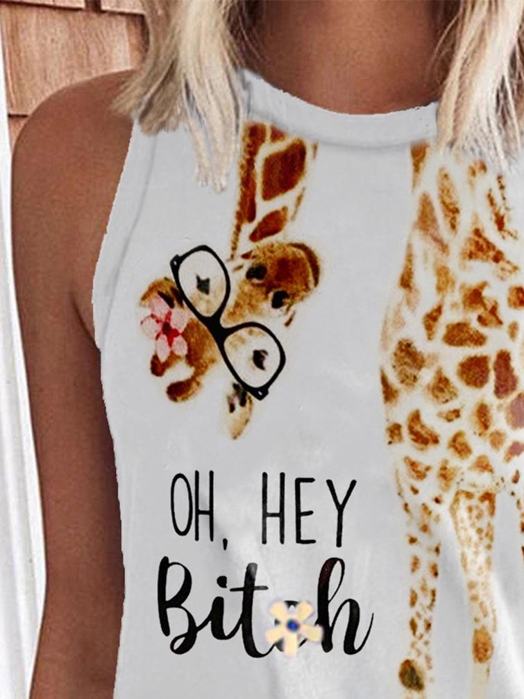 Tank Tops - Giraffe Glasses English Printing Round Neck Sleeveless Tank Tops - MsDressly