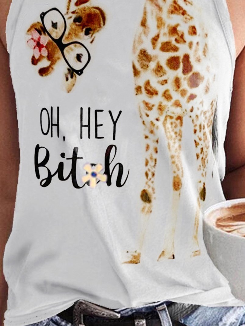 Tank Tops - Giraffe Glasses English Printing Round Neck Sleeveless Tank Tops - MsDressly