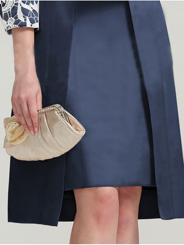 Women's Dress - Dress Set Two Piece Dress Sheath Dress Midi Dress Navy Blue 3/4 Length Sleeve Floral Layered Winter Fall Spring Crew Neck Modern Winter Dress Wedding Guest Fall Dress 2023 S M L XL 2XL 3XL
