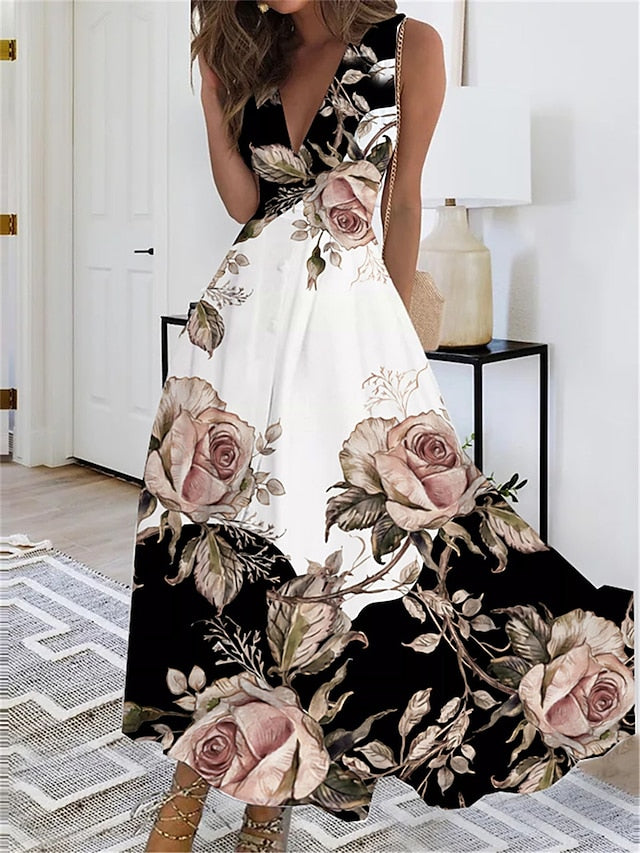 Women's Dress - Long Dress Maxi Dress Casual Dress Swing Dress A Line Dress Floral Butterfly Fashion Streetwear Outdoor Daily Date Print Sleeveless V Neck Dress Regular Fit Black White Yellow Summer Spring S