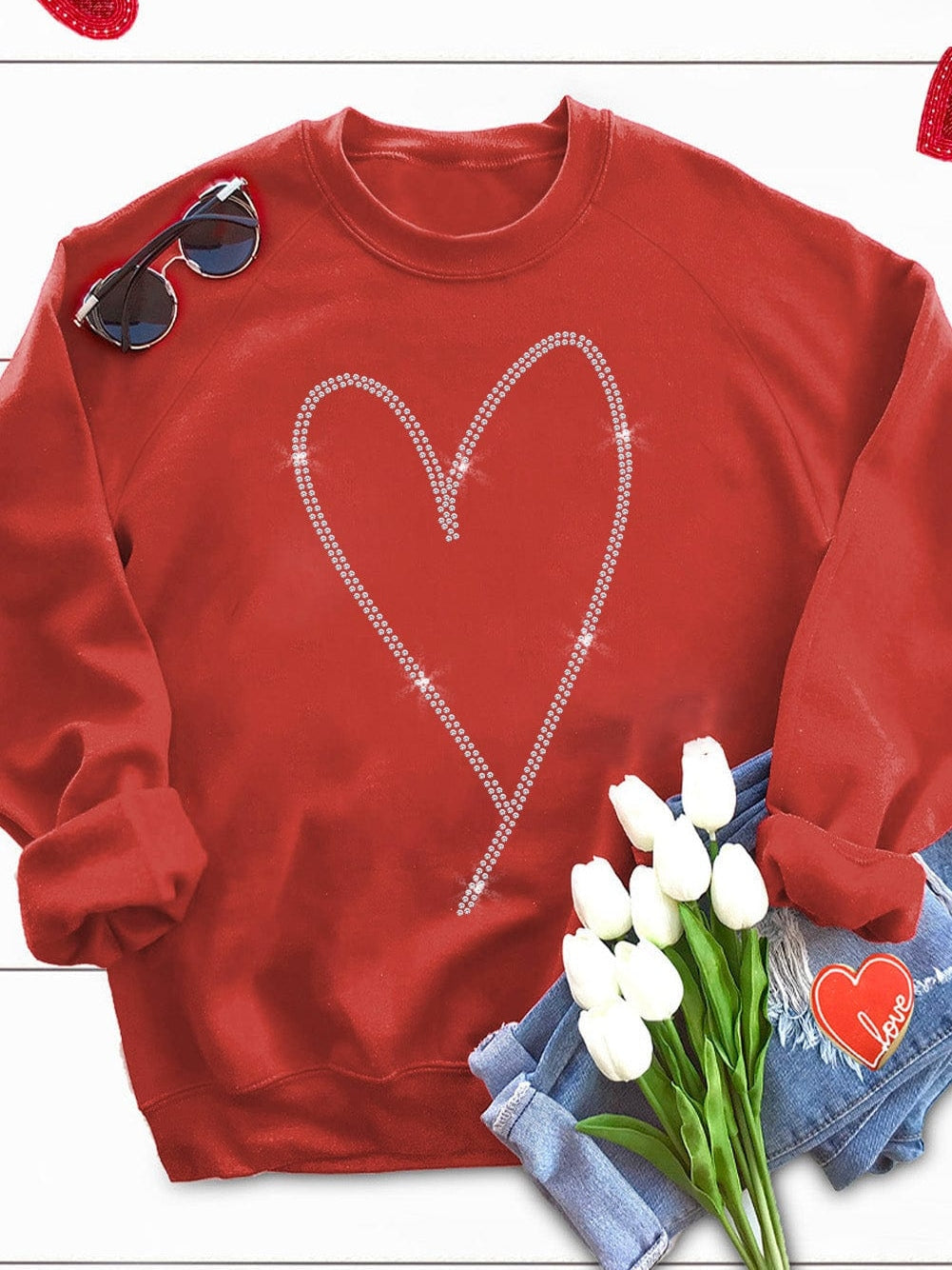 Glamorous Red Heart Sparkle Long Sleeve Sweatshirt