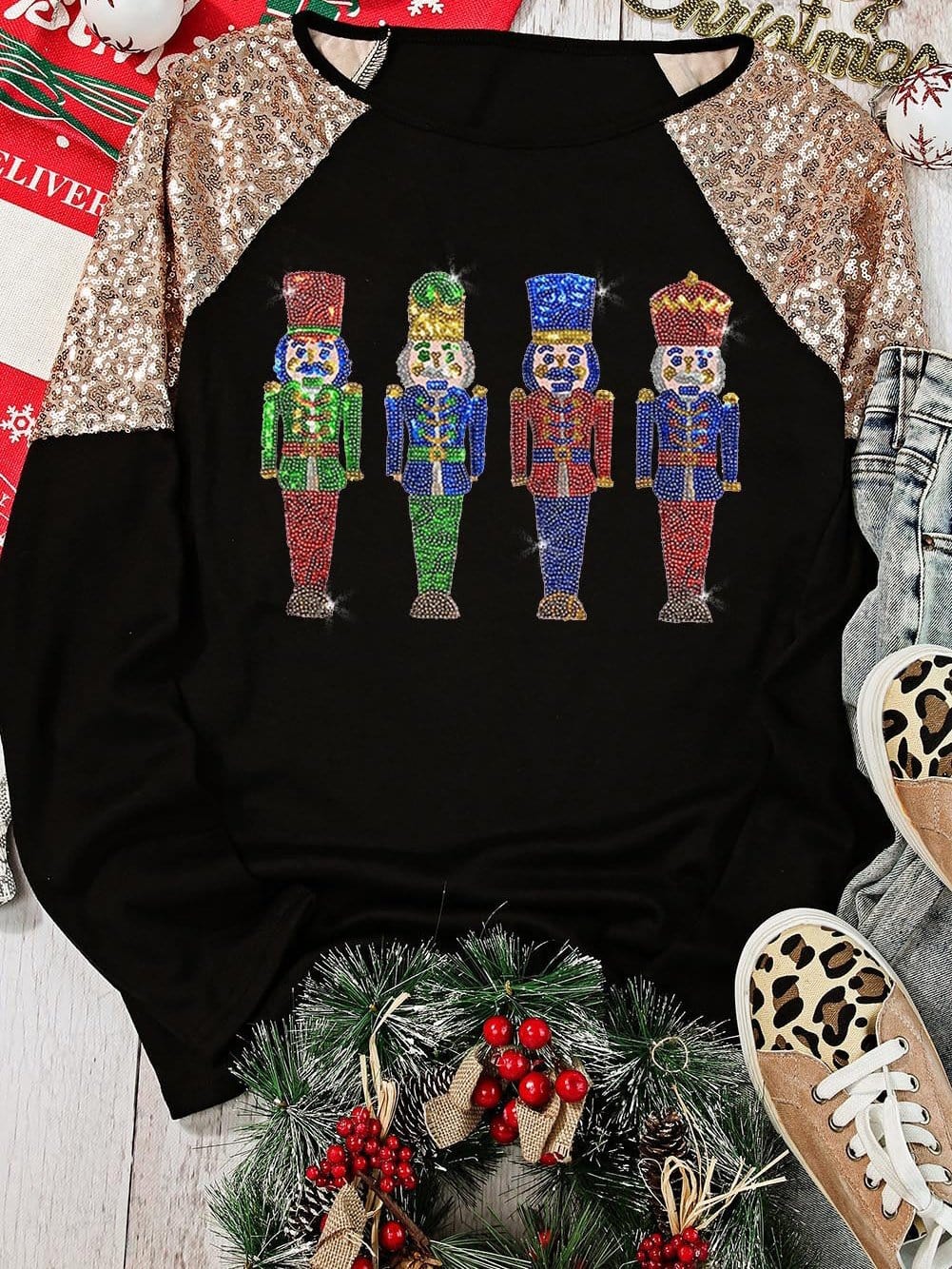 Glittery Black Nutcracker Graphic Top with Sequined Sleeves