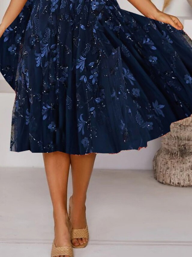 Women's Dress - Casual Dress Midi Dress Navy Blue Short Sleeve Floral Ruched Spring Summer V Neck Elegant Wedding Guest 2023 S M L XL 2XL 3XL