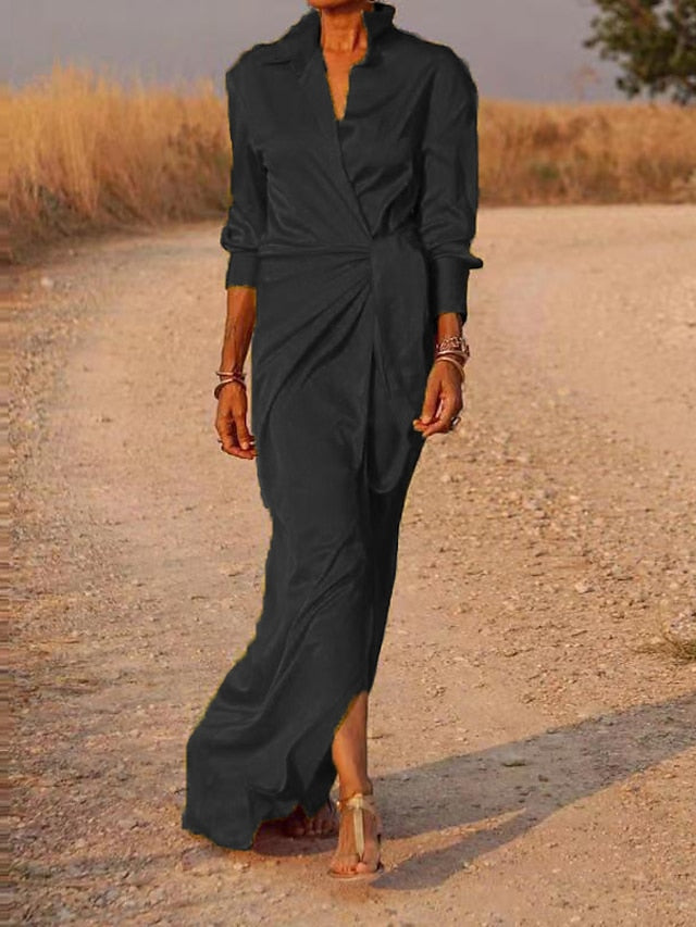 Women's Dress - Shirt Dress Party Dress Shift Dress Long Dress Maxi Dress Black Red Blue Long Sleeve Pure Color Lace up Summer Spring V Neck Elegant Party Winter Dress Evening Party 2023 S M L XL XXL