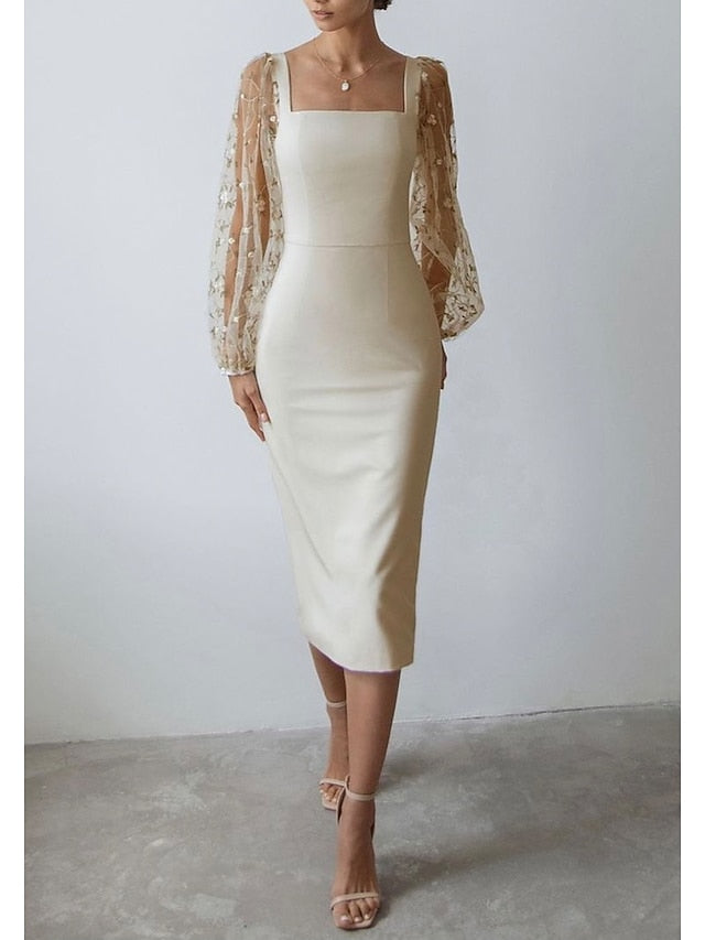 Women's Dress - Semi Formal Party Dress Sheath Dress Midi Dress Black White Long Sleeve Floral Mesh Fall Spring Square Neck Winter Dress Wedding Guest Mesh S M L XL