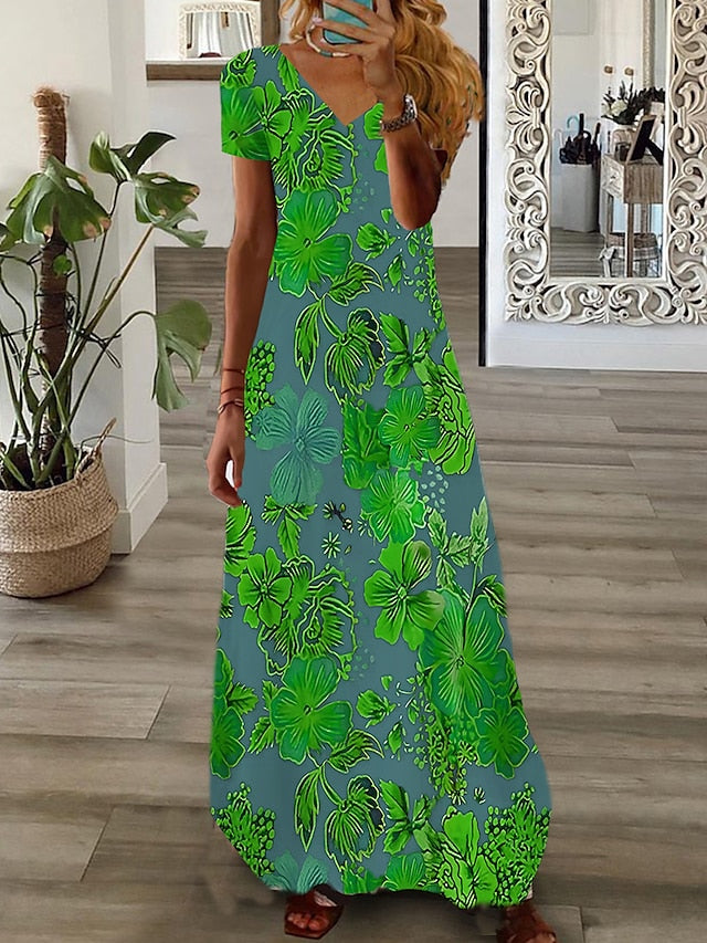 Women's Dress - Long Dress Maxi Dress Casual Dress Print Dress Graphic Floral Fashion Modern Daily Holiday Vacation Short Sleeve V Neck Dress Regular Fit White Pink Wine Summer Spring S M L XL 2XL 3XL 4XL 5XL