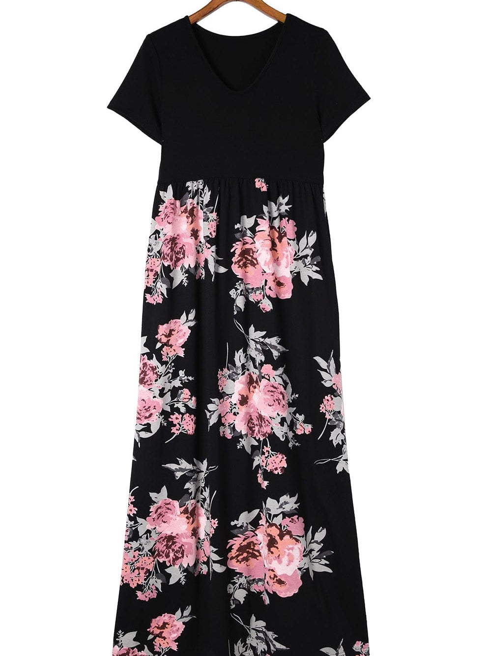 Graceful Black Floral Print T-Shirt Maxi Dress