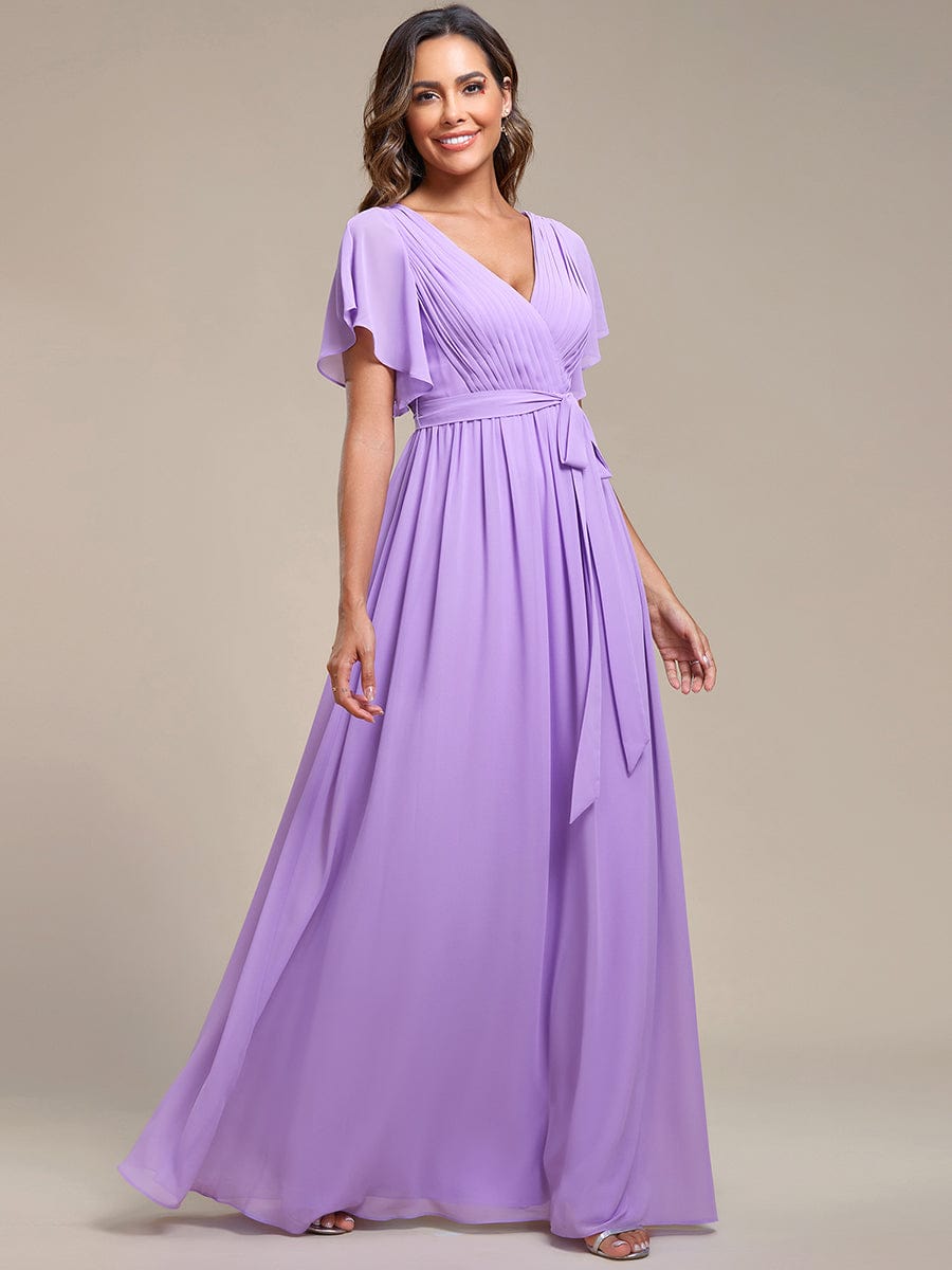 Graceful Deep V-Neck A-Line Plus Size Bridesmaid Dress with Ruffled Sleeves