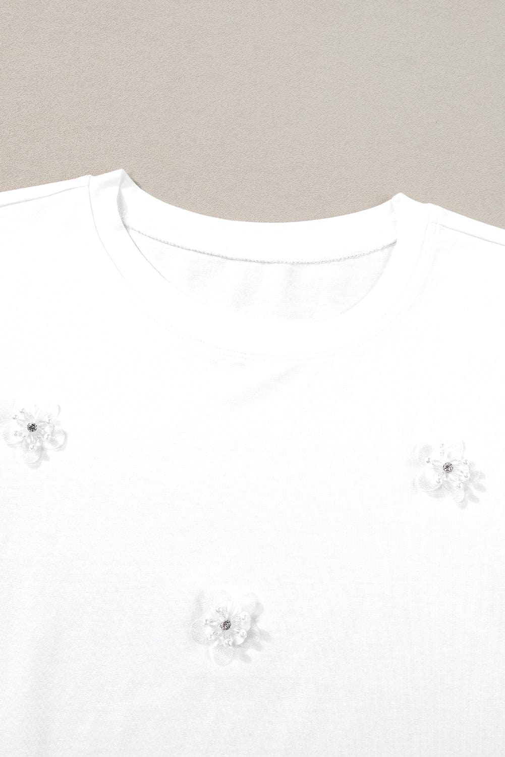 Graceful White Floral Applique Round Neck Tee