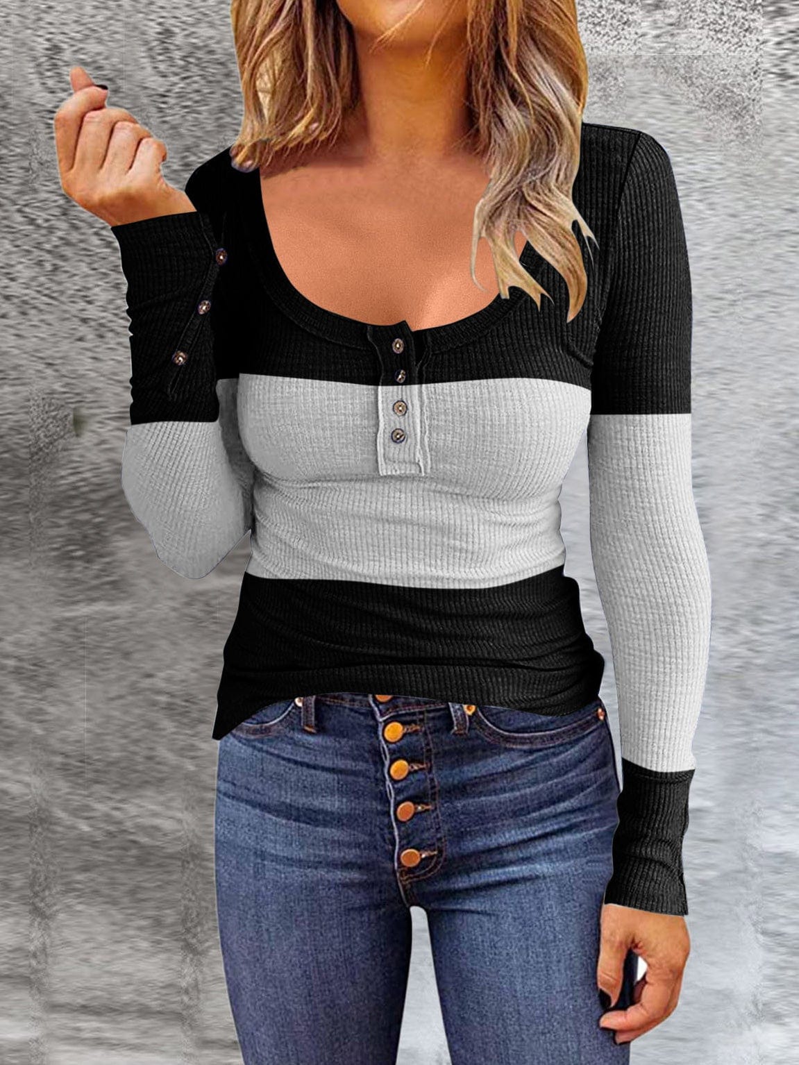 Gradient Round Neck Button Long Sleeve T-Shirt