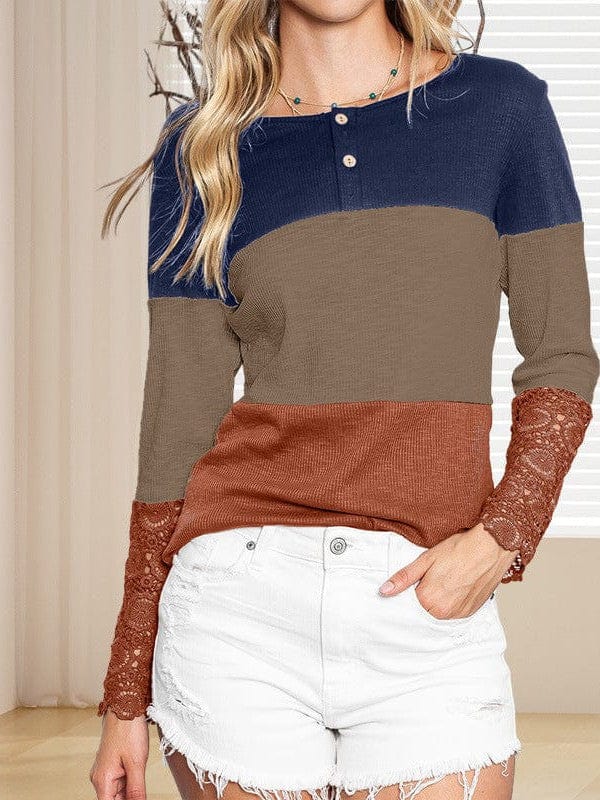 Gradient Round Neck Button Long Sleeve T-Shirt