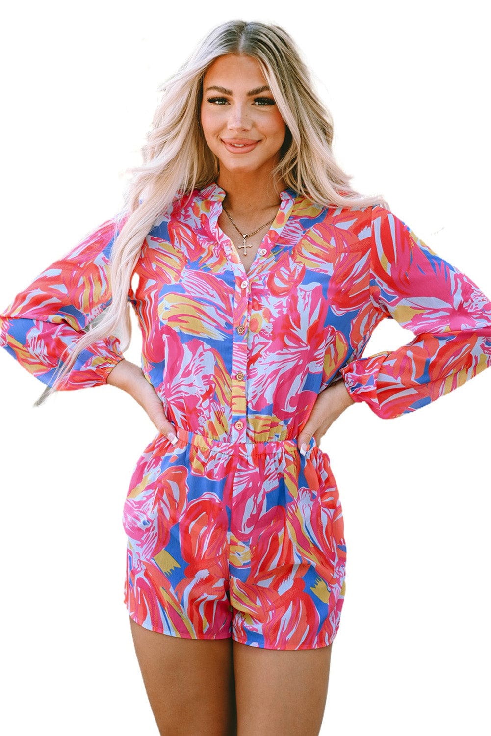 Graffiti Print Button-Up Romper with Vibrant Multicolor Design