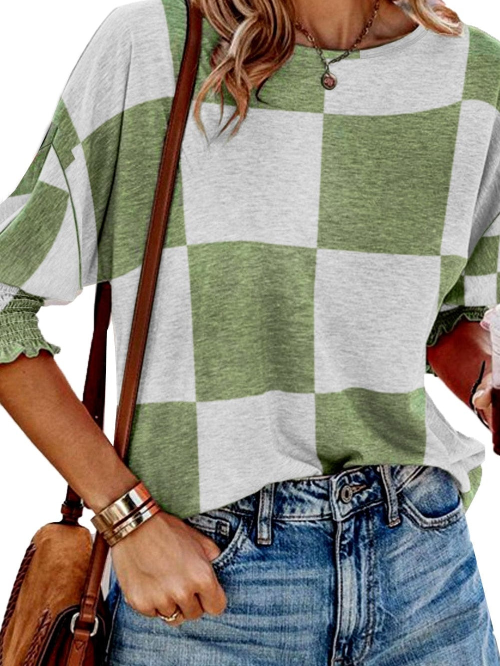 Grassy Checkered Print Blouse with Shirred Sleeves