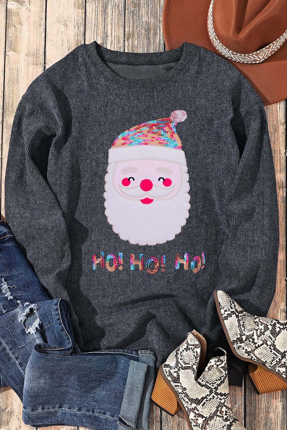 Gray Corduroy Santa Claus Sequin Graphic Sweatshirt
