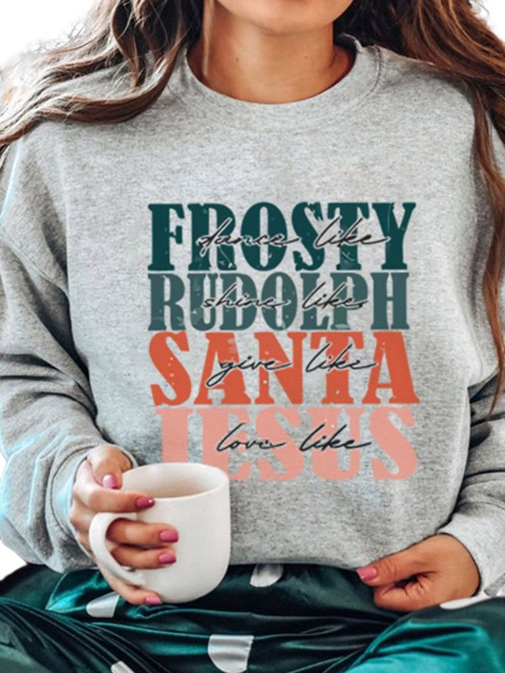 Gray Festive Holiday Letter Print Long Sleeve Sweatshirt