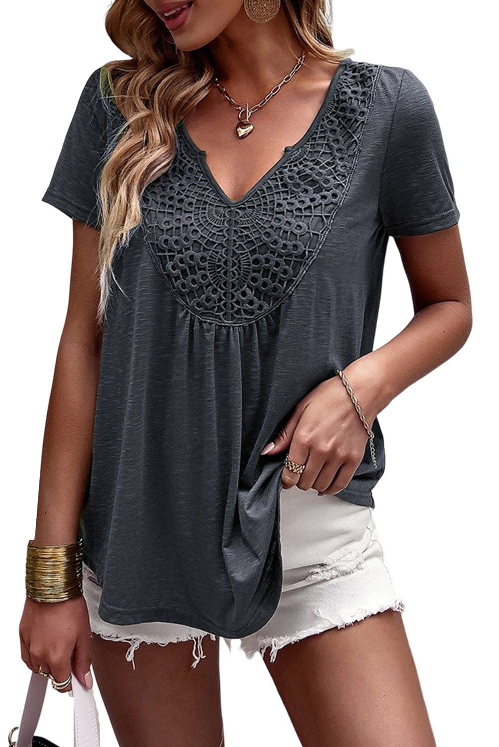 Gray Lace Crochet Patchwork V Neck Tee for Women
