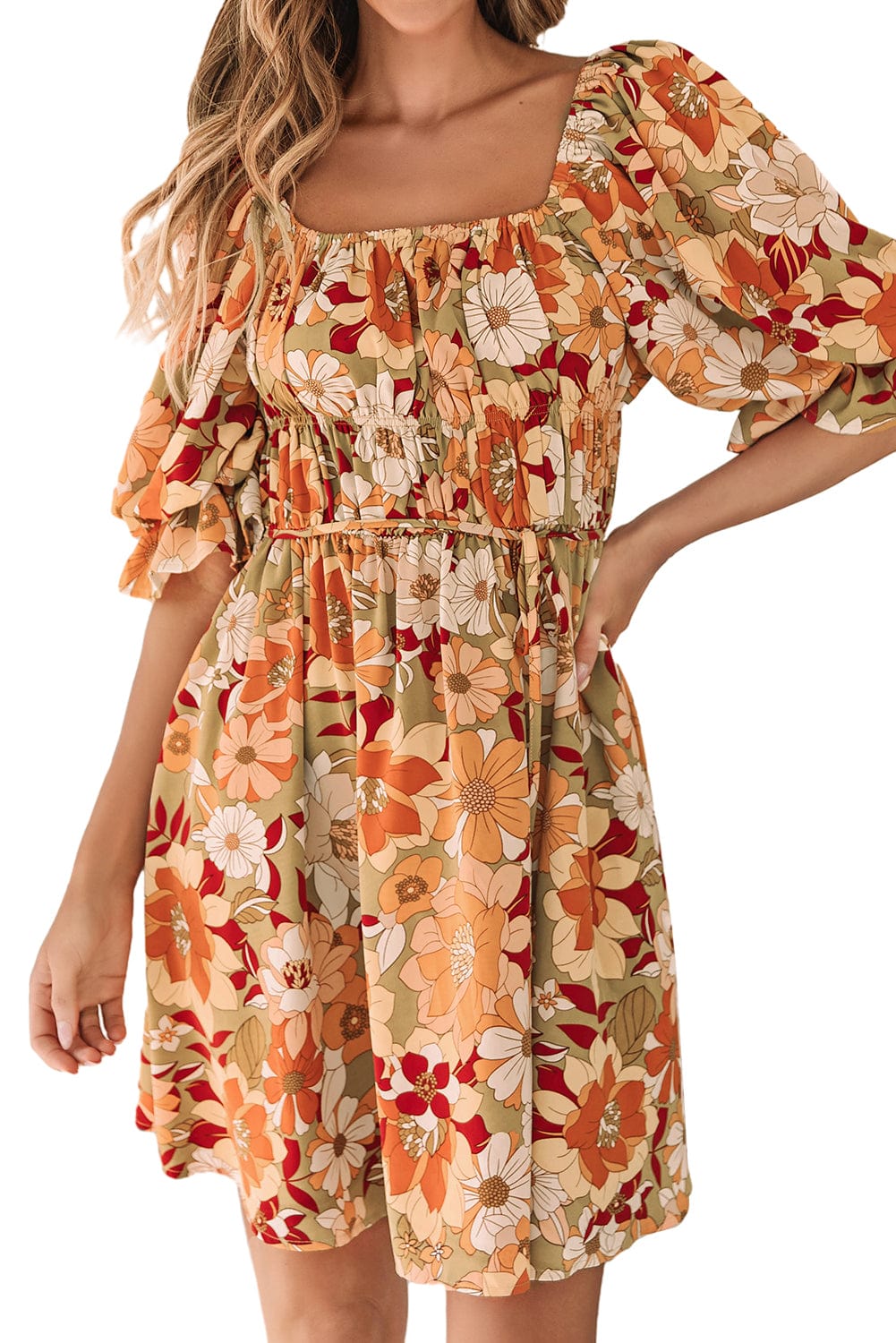 Green Blossom Flared Waistline Floral Mini Dress