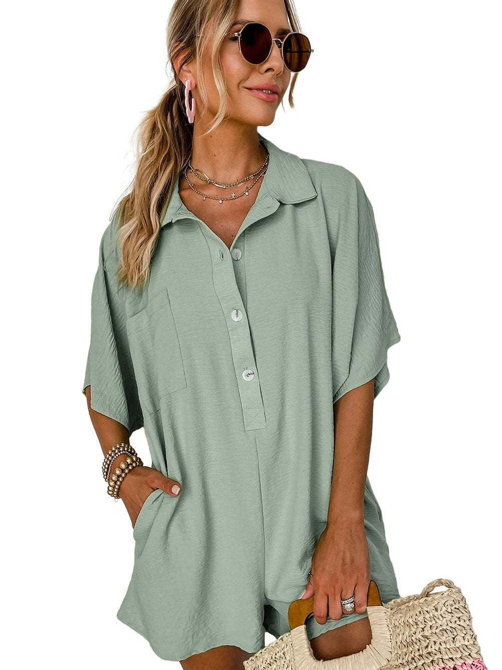 Green Button-Up Collared Romper with Pockets