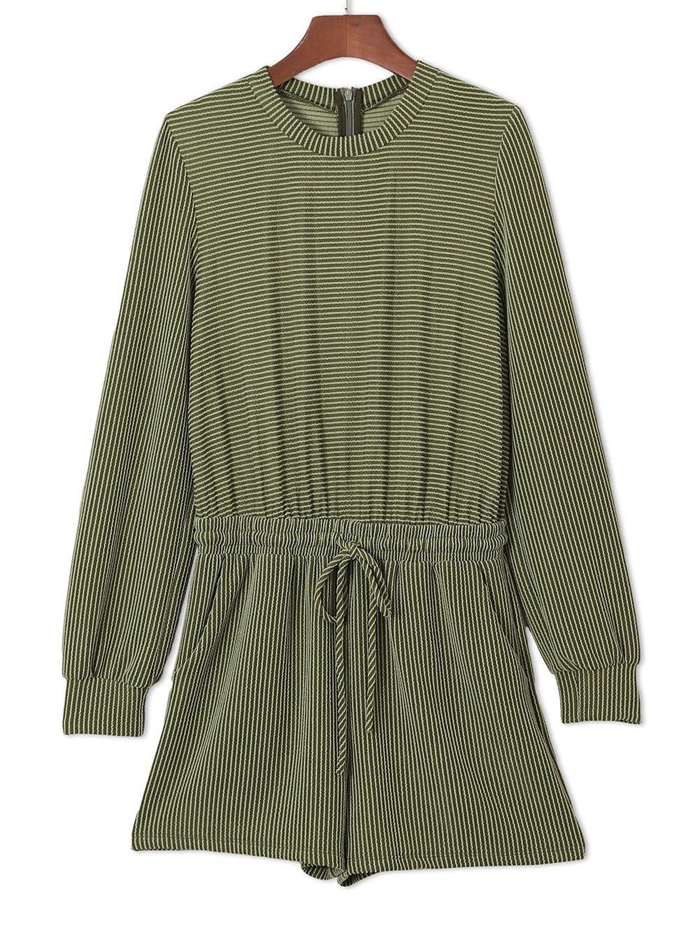Green Corded Drawstring Romper with Long Sleeves