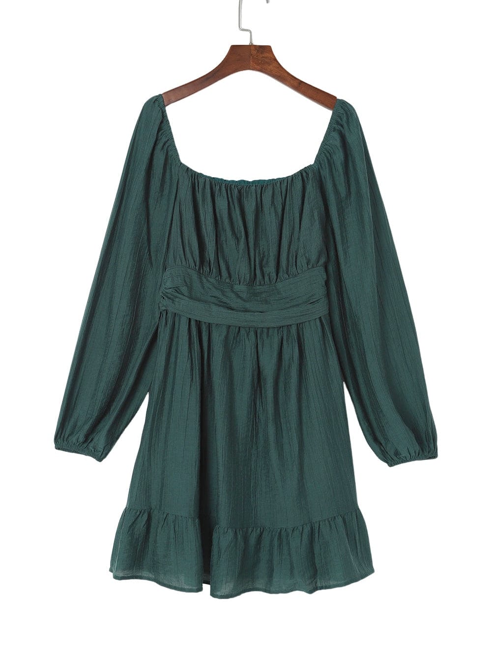 Green Flared Sleeve Mini Dress with Ruched Square Neck
