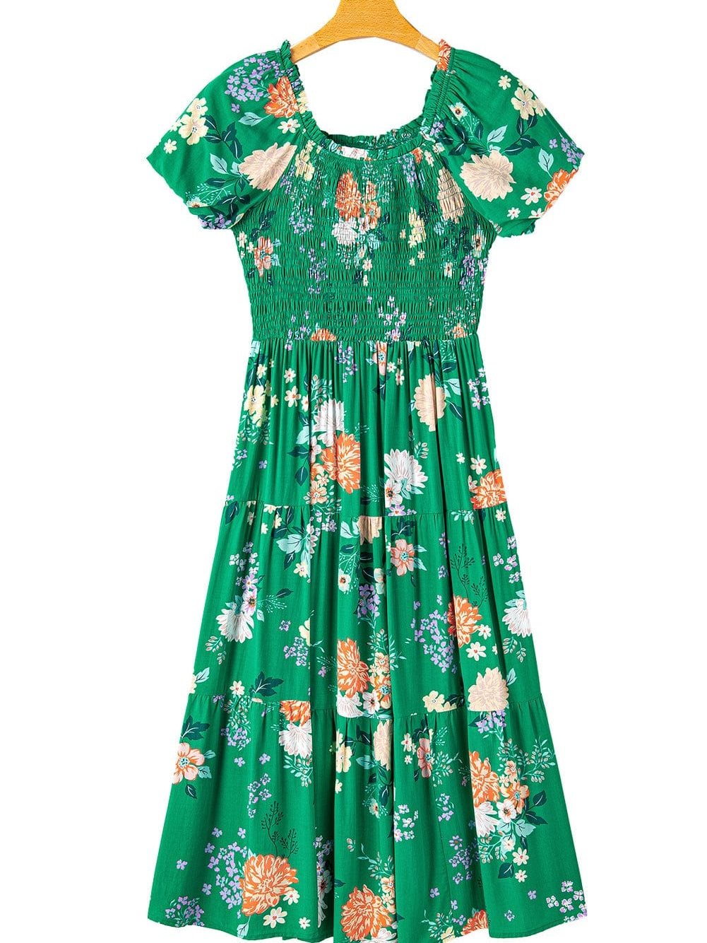 Green Floral Print Smocked Tiered Midi Dress with Bubble Sleeves