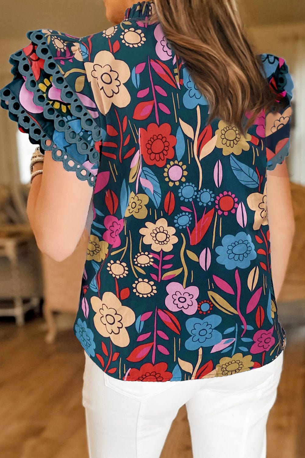 Green Floral Ruffle Sleeve Blouse with Ric Rac Trim